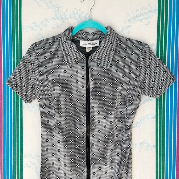 Vintage 90s Y2K Zip Front Plaid Daisy Mini Dress academia club extra small - Picture 3 of 10